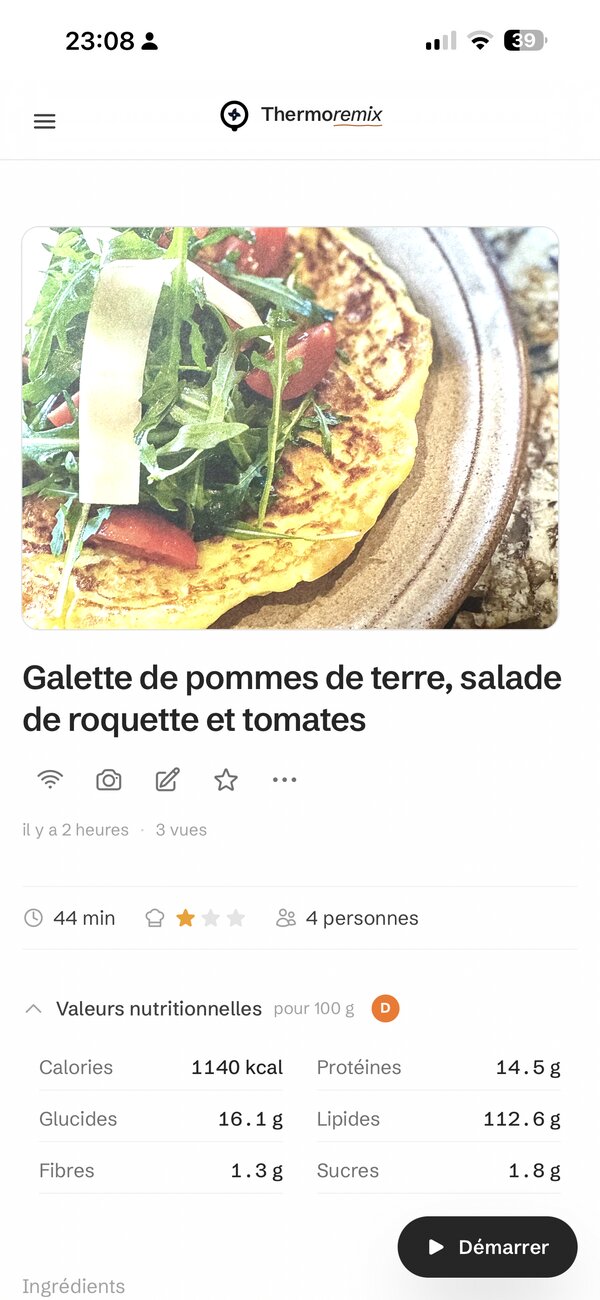 Page recette convertie : ingrédients listés avec quantités précises